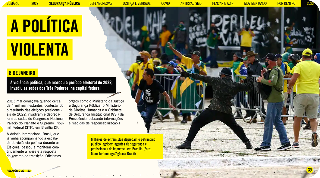 Detail of the Amnesty International Brazil annual report layout.