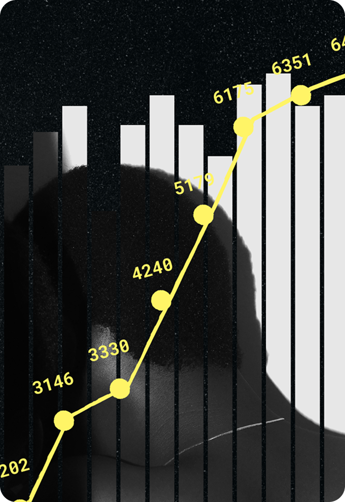 Chart tracking the rise in police killings overlaid on a photo of a person's silhouette, from the Fórum Justiça report.