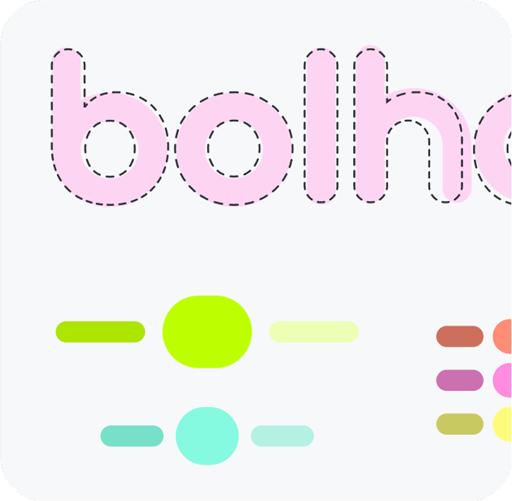 Typographic detail of the 'bolha' logotype with the brand's color palette.