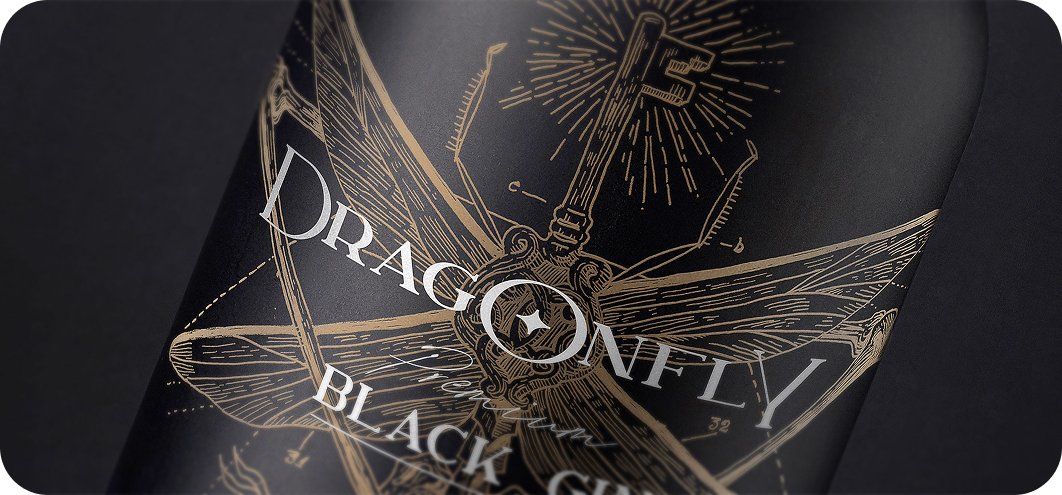 Detail of the Dragonfly Black Gin label illustration.