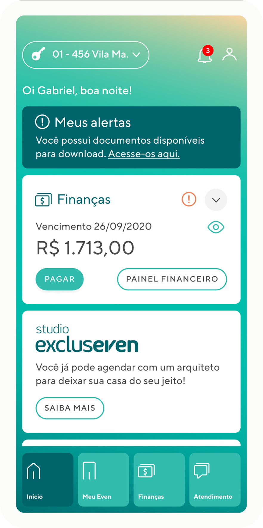 Even app home screen showing alerts, a financial summary, and a Studio Excluseven promo card.