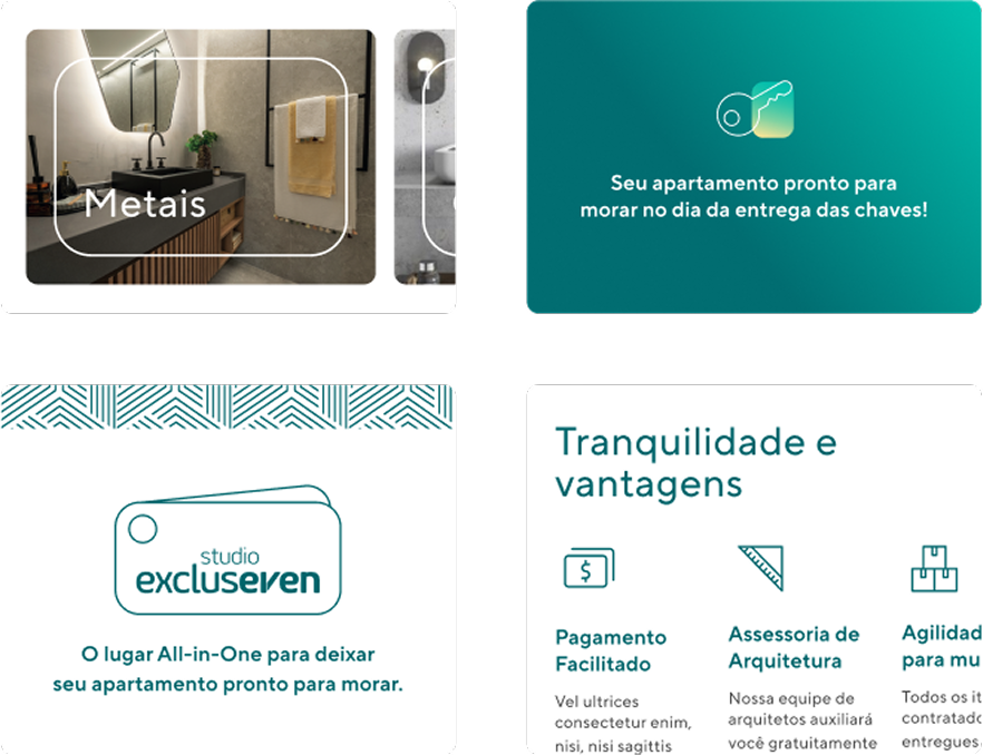 Composite of Even app screens: metal fixture selection, a delivery-ready notice, and the Studio Excluseven benefits grid.