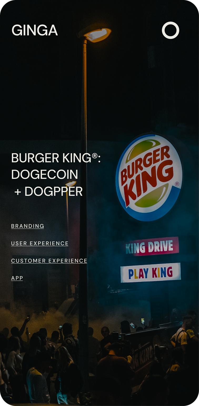 Ginga website case study page for the Burger King 'Dogecoin + Dogpper' campaign.
