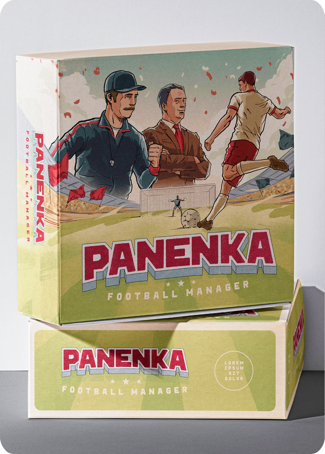 Panenka Football Manager board game box, illustrated with a coach and players.
