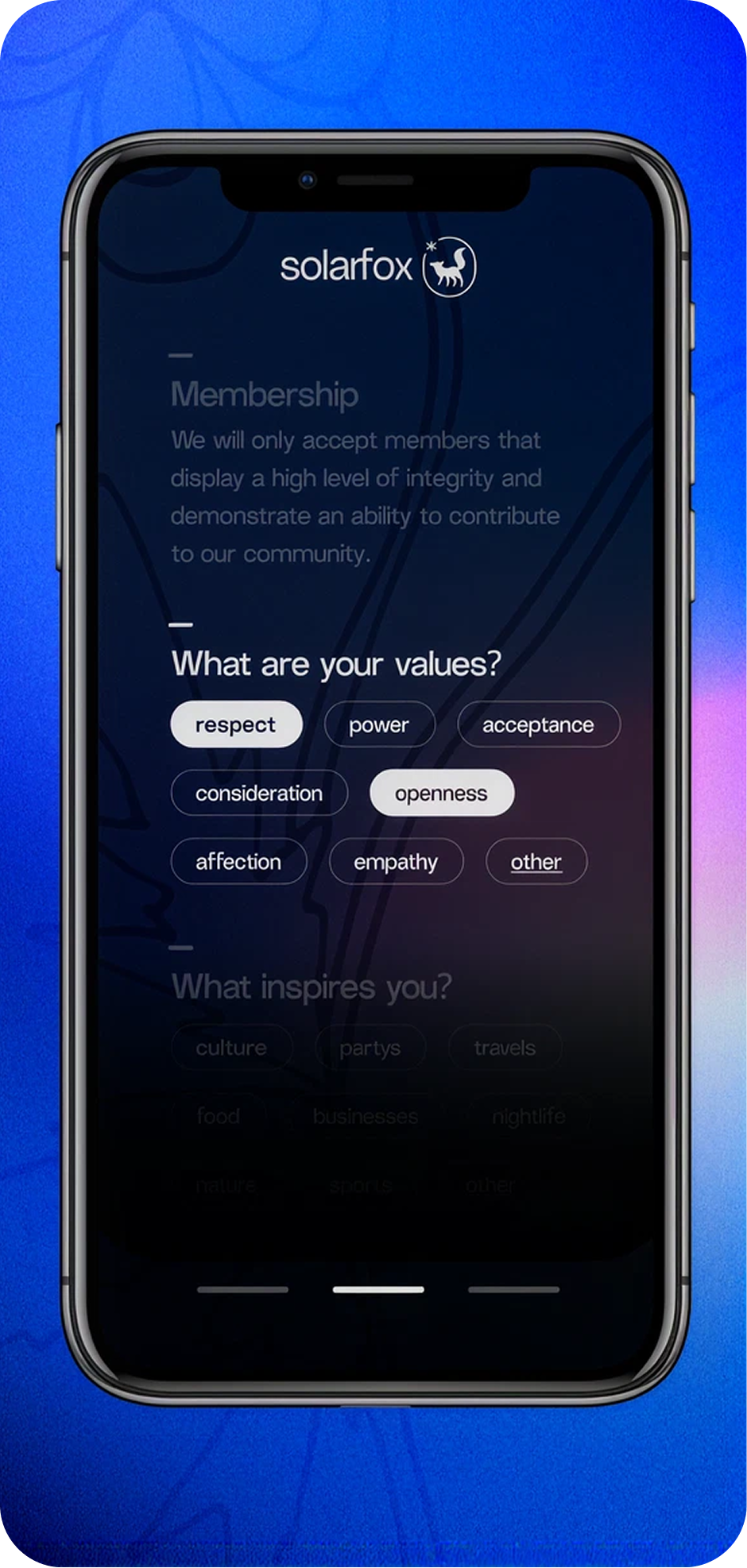 Solarfox app membership screen listing the club's core values, like respect and openness.