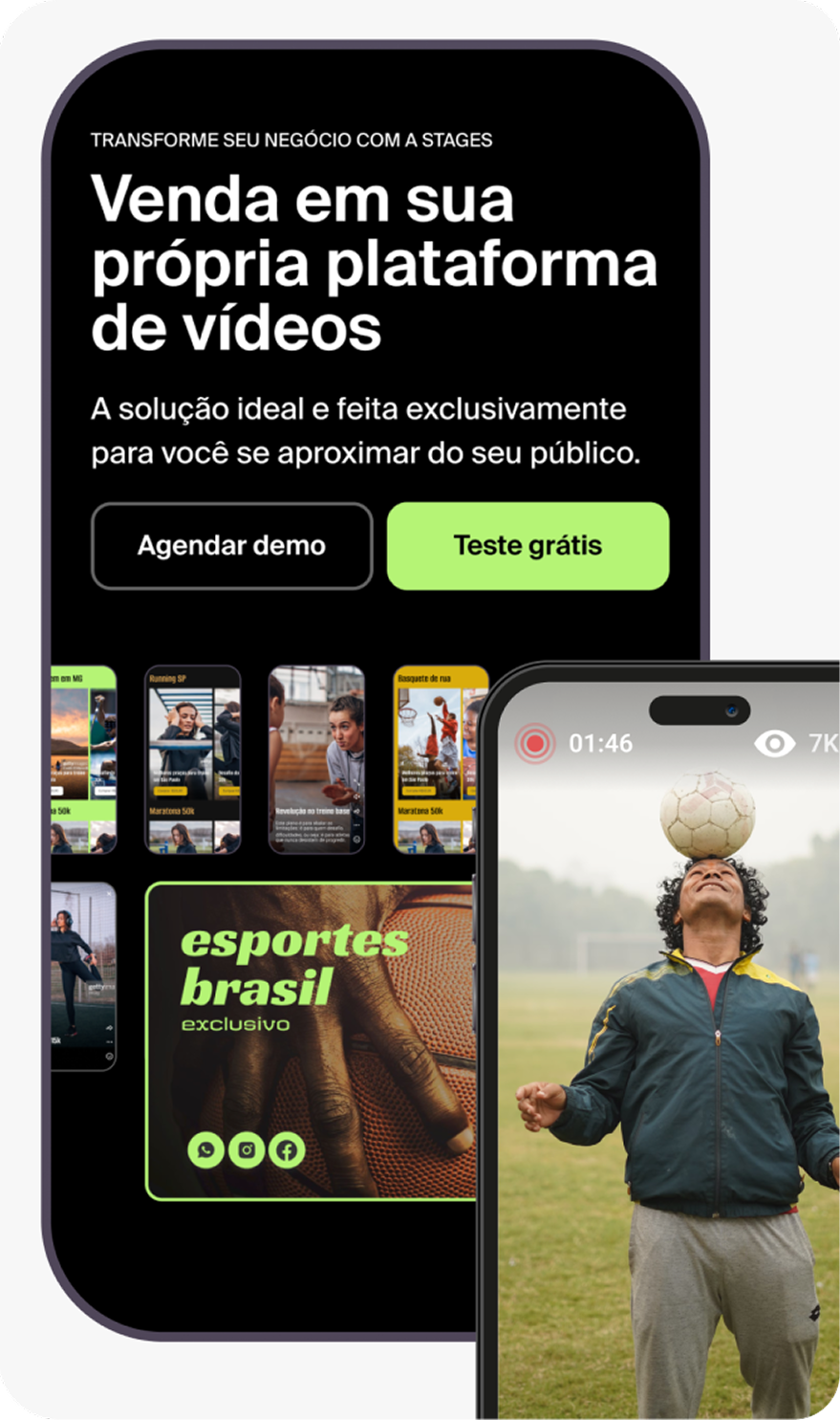 Stages landing page in Portuguese, promoting the platform's own video-selling tools.